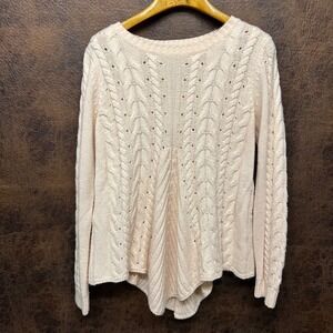 Onetheland Cable Knit Open Back Soft Pink and Cream Shoe Lace Medium Sweater